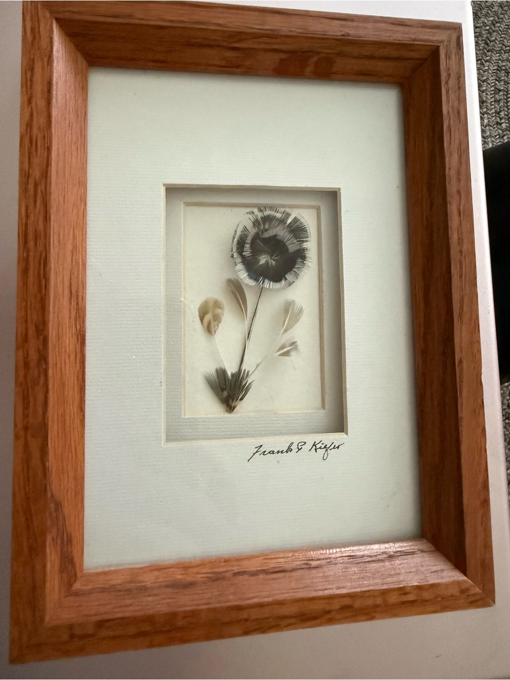 signed framed botanical art piece featuring a stylized flower made of feathers